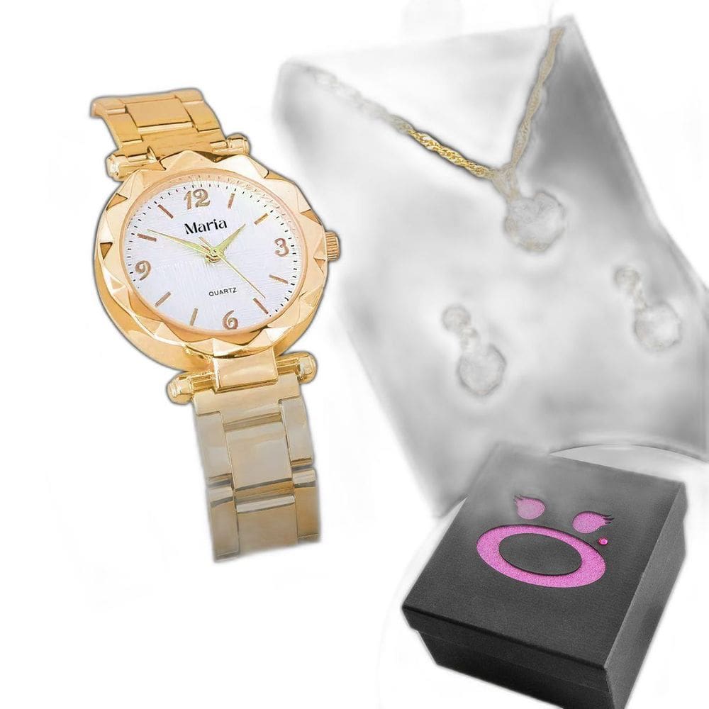 Relógio Feminino Banhado Aço Inox + Colar + Brincos + Caixa
