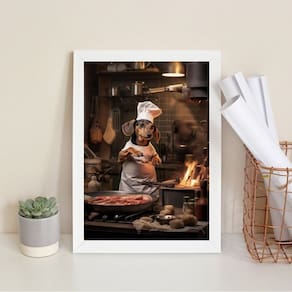 Quadro Cozinha Dachshund Cozinheiro 33X24Cm - Com Vidro