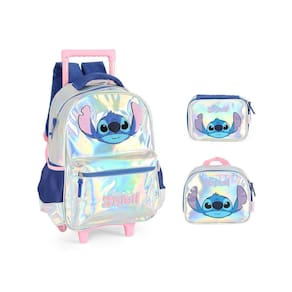 Kit Mochila De Rodinha Estojo E Lancheira Prata Stitch