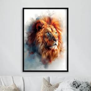 Quadro Leão Majestoso - Aquarela 33X24Cm - Com Vidro