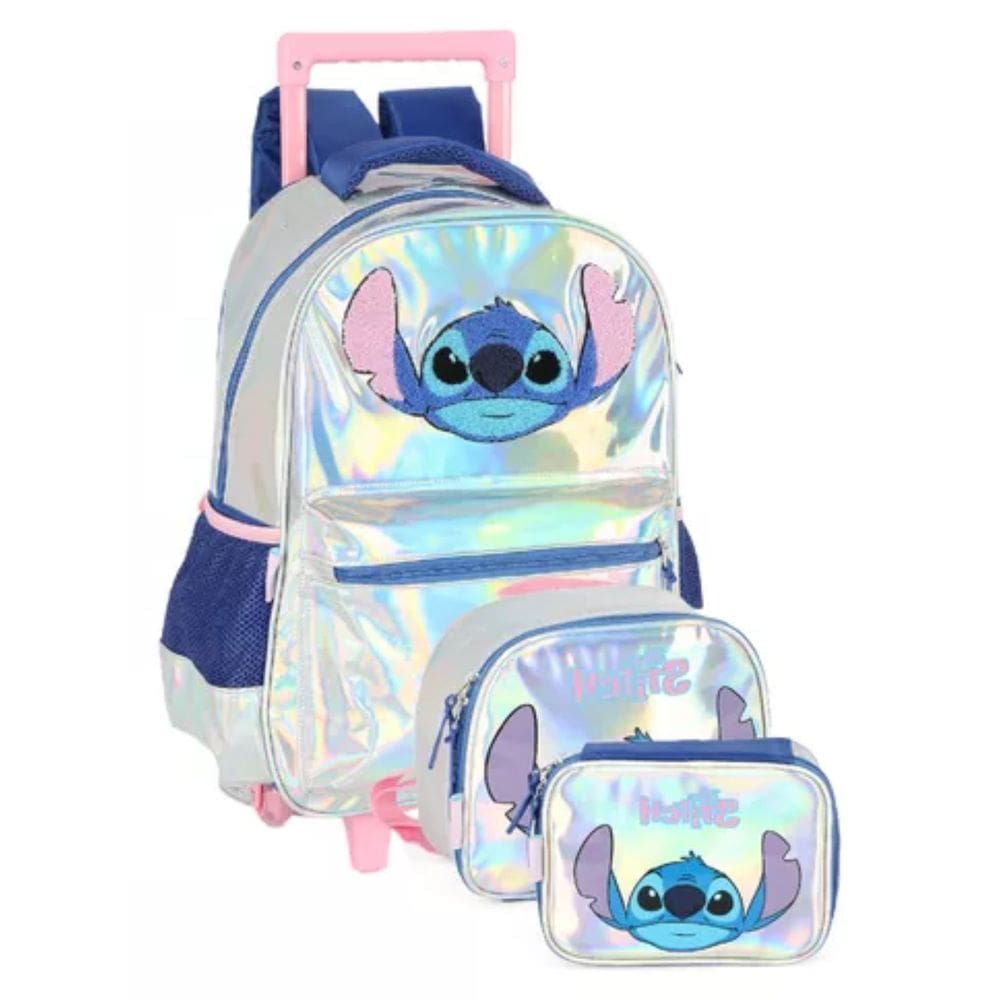 Mochila Escolar Stitch  Lancheira Com Alça  Estojo 1 Zíper Cor Prateado