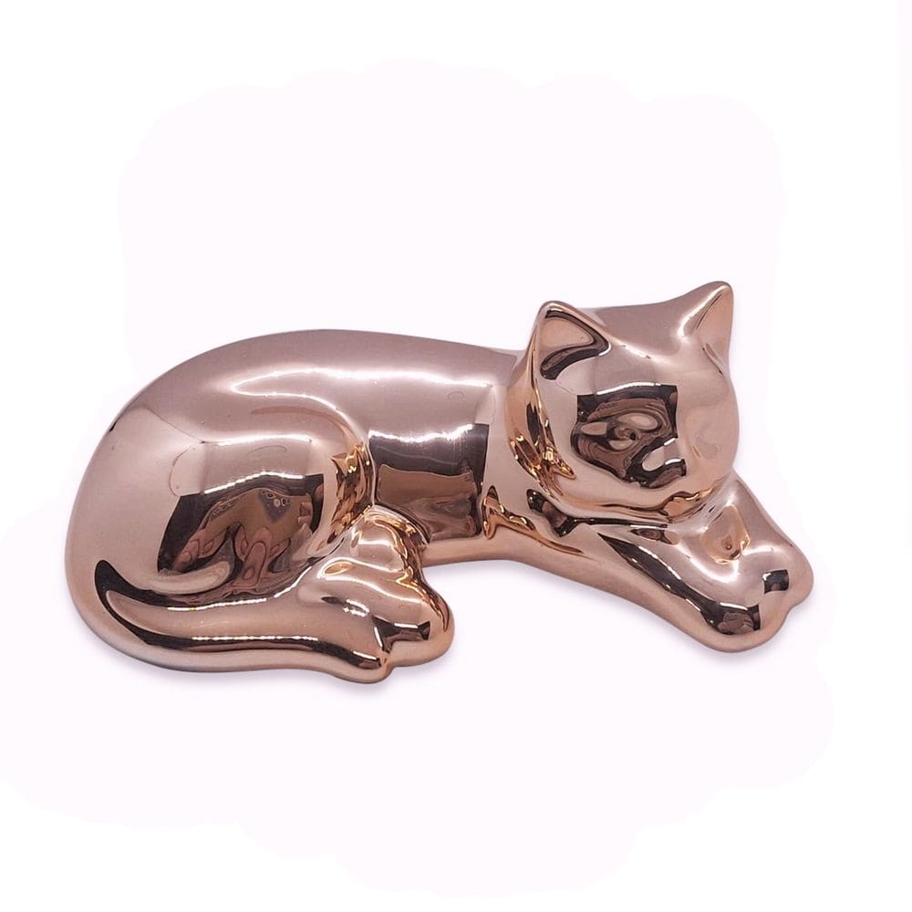 Estátua de Gato Espelhado Rose Cerâmica Deitadinho 5 cm