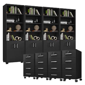 Kit 4 Gaveteiros para Escritório Gávea com Chave e 4 Livreiros Office Portas Pequenas Preto Fosco - Móveis Leão