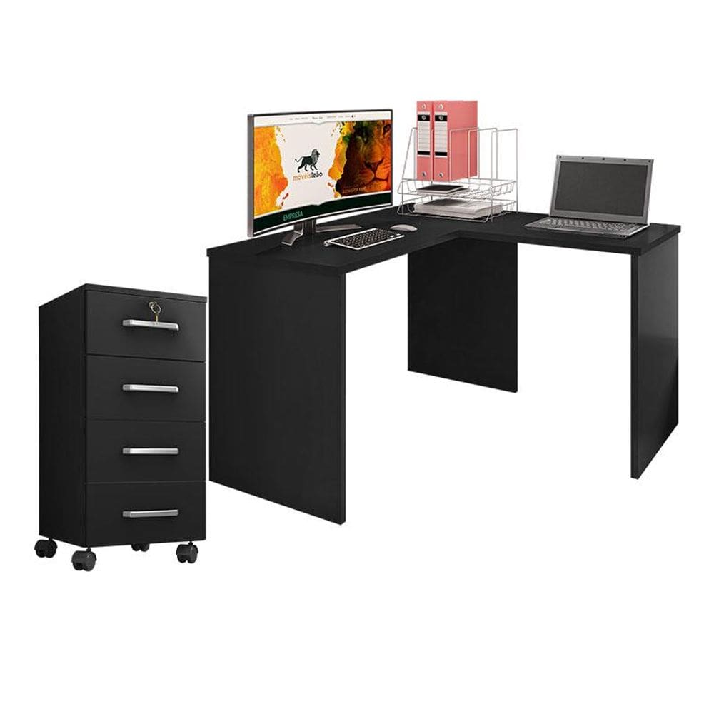 Mesa para computador com Extensora e Gaveteiro Gávea com Chave 4 Gavetas Preto Fosco - Móveis Leão