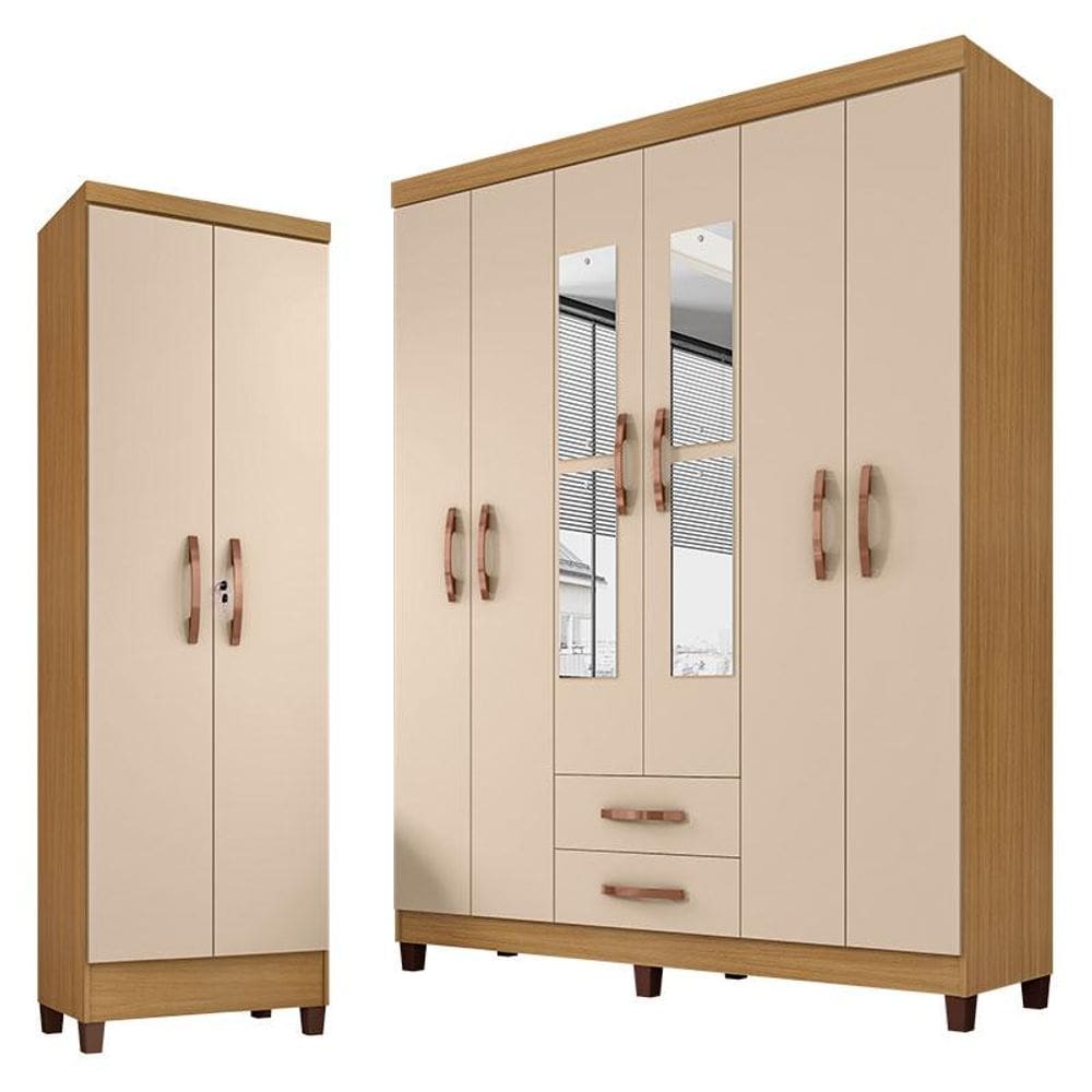 Guarda Roupa Casal Modena com Espelho 6 Portas e Armário Multiuso Egito Carvalho Americano Off White - Incorplac