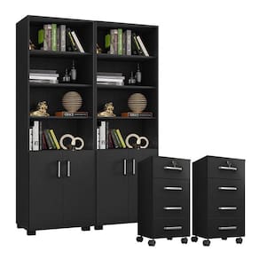Kit 2 Gaveteiros para Escritório Gávea com Chave e 2 Livreiros Office com Portas Pequenas Preto Fosco - Móveis Leão