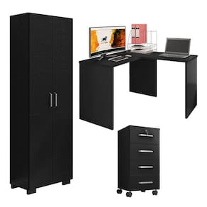 Mesa para computador com Extensora e Gaveteiro Gávea com Chave 4 Gavetas e Livreiro Office com Portas Grandes Preto Fosco - Móveis Leão