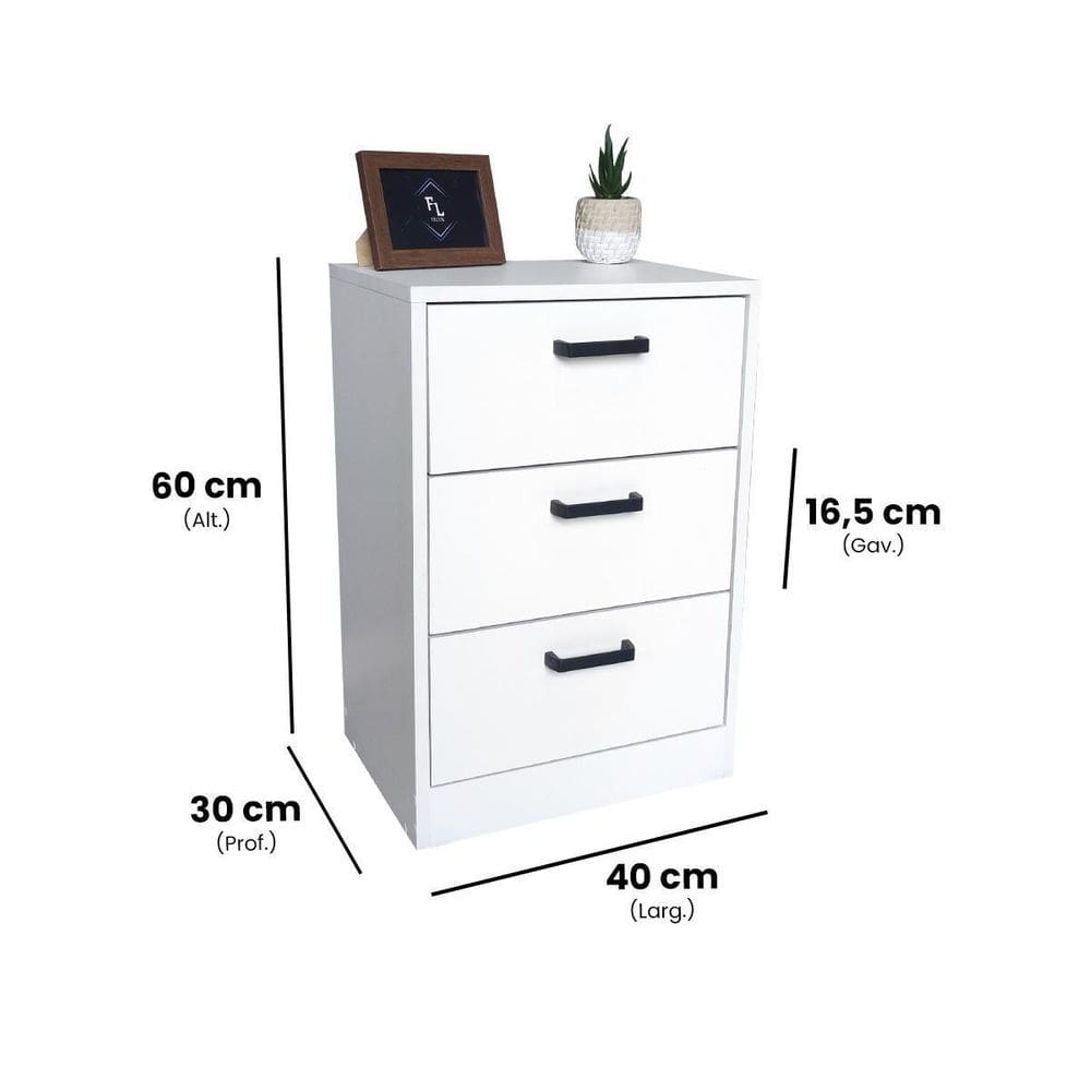 Mesa De Cabeceira 40Cm 3 Gaveta Quarto Cama Puxador Dourado