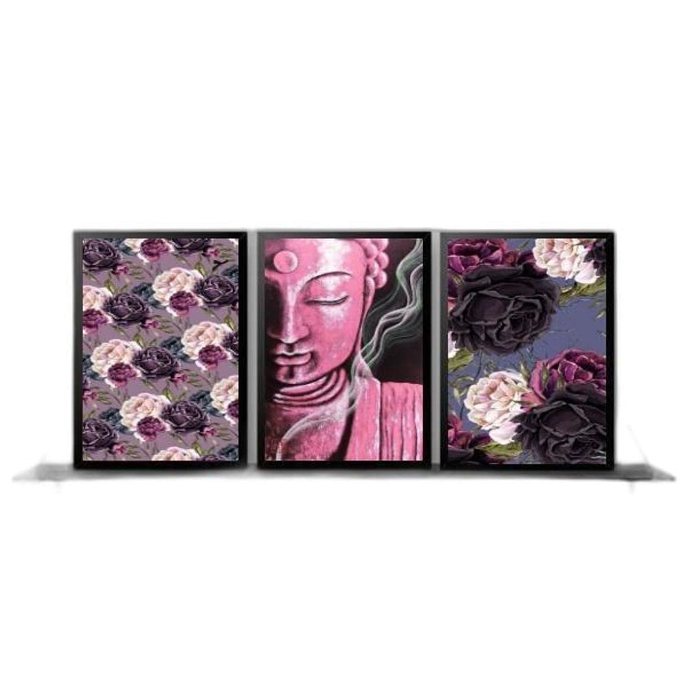 Kit 3 Quadros Buda Rosa Flores 33X24Cm Moldura Preta