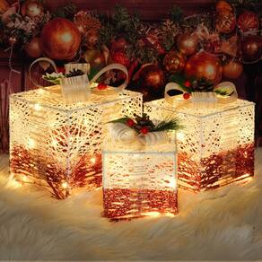 Conjunto de decorações de caixas de presente iluminadas de Natal, 3 com 60 LED