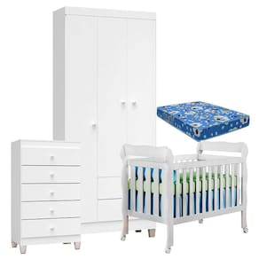 Quarto de Bebê 3 Portas com Gaveteiro Ternura Baby e Berço Lila Branco Brilho com Colchão para Berço Americano - Incorplac