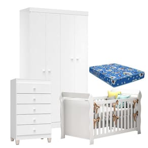 Quarto de Bebê 4 Portas com Gaveteiro Ternura Baby e Berço Lara Branco Brilho com Colchão para Berço Americano - Incorplac