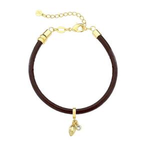 Pulseira De Couro Cacau Com Ponto De Luz Revestido Em Ouro