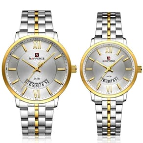 Relogio De Pulso Conjunto Casal Em Aço Inoxidável De Quartzo Design Casual Impermeavel 3atm Branco Dourado