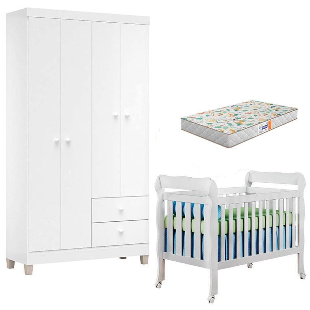 Berço Americano Lila com Colchão Gazin e Guarda Roupa Ternura Baby 4 Portas Branco Flex - Incorplac