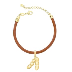 Pulseira Soja Maciça No Couro Caramelo Revestido Em Ouro