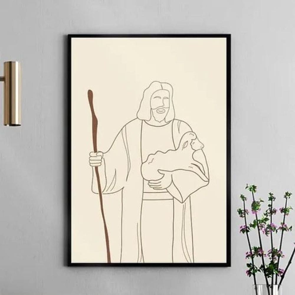 Quadro Jesus Com Cajado - One Line 45X34Cm - Com Vidro