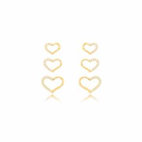 Brinco Trio Coração Micro Zircônia Banhado Em Ouro 18K