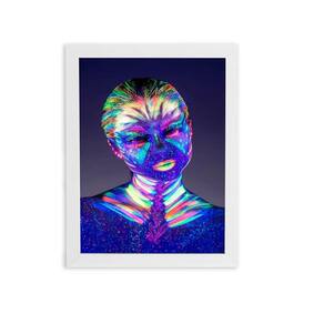 Mulher Com Tinta Neon Colorida Quadro Moldura Branca 60X40Cm