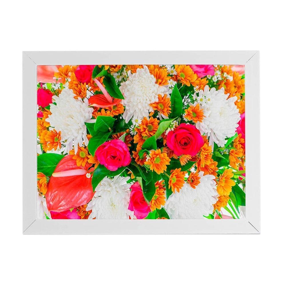 Quadro Mix De Flores Colorido Laranja Moldura Branca 60X40Cm