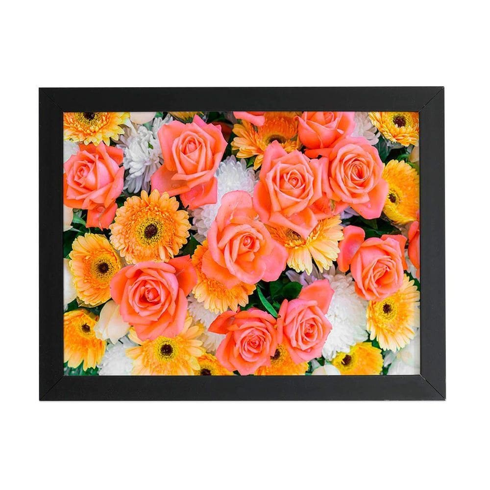 Quadro Mix De Flores Laranja Colorido Moldura Preta 60X40Cm