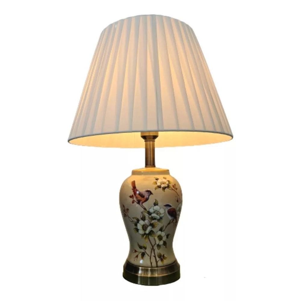 Abajur Luminária Bege Pássaros Porcelana E Metal 62X38