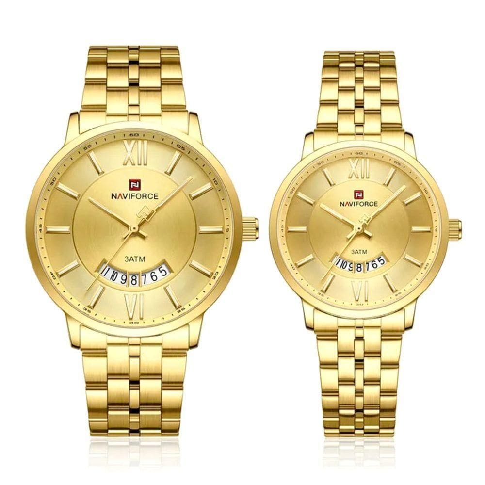 Relogio De Pulso Conjunto Casal Em Aço Inoxidável De Quartzo Design Casual Impermeavel 3atm Dourado