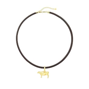 Colar De Couro Natural Café Com Pingente Boi Revestido Em Ouro Tamanho 52cm