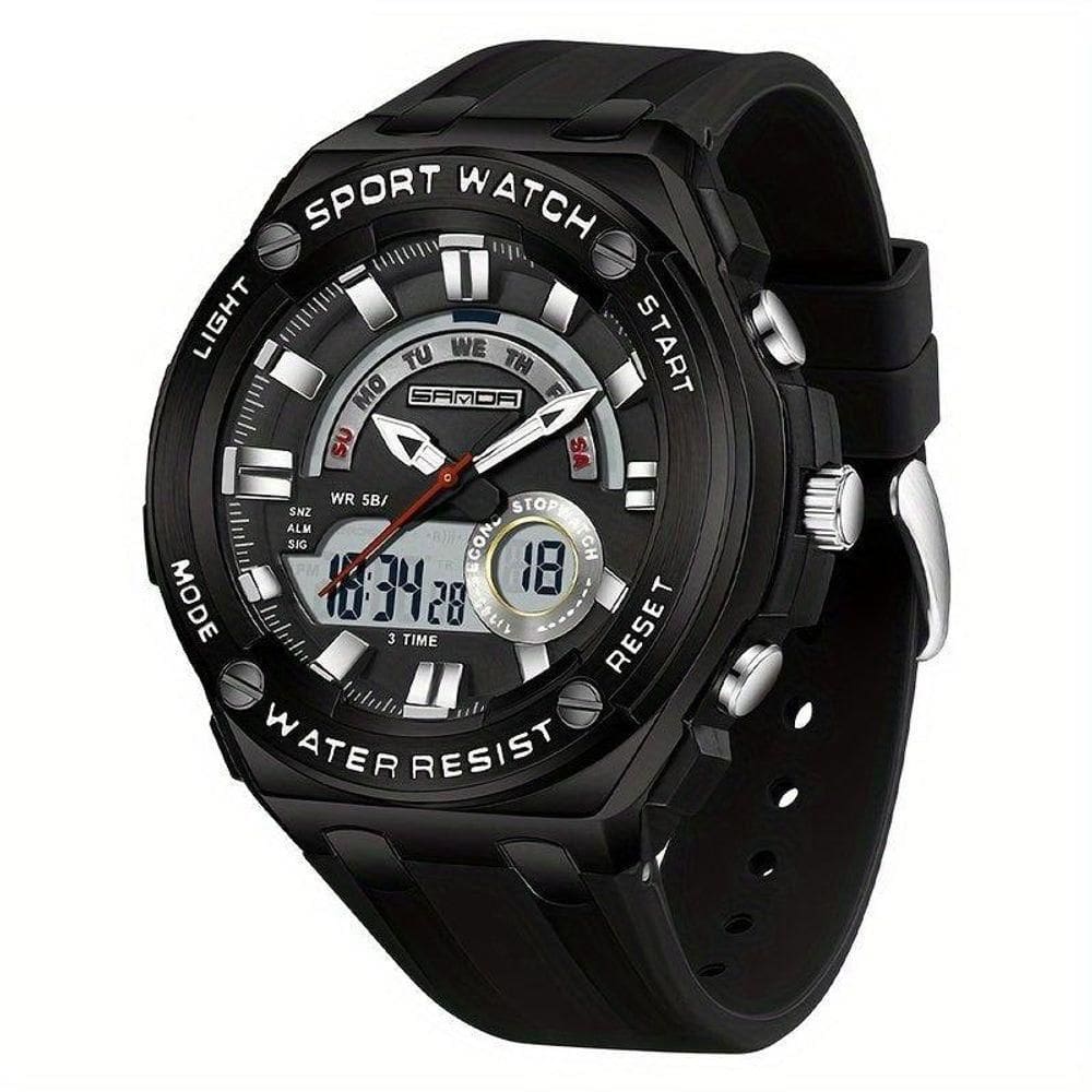 Relógio De Pulso Masculino à Prova D`água 50m Esportivo Multifuncional Com Pulseira De Silicone Preto Branco