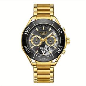 Relógio De Quartzo Para Homens Multifuncional Estilo Casual Com Pulseira De Aço Inoxidável Dourado&preto
