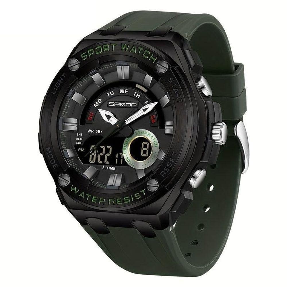 Relógio De Pulso Masculino à Prova D`água 50m Esportivo Multifuncional Com Pulseira De Silicone Verde Militar