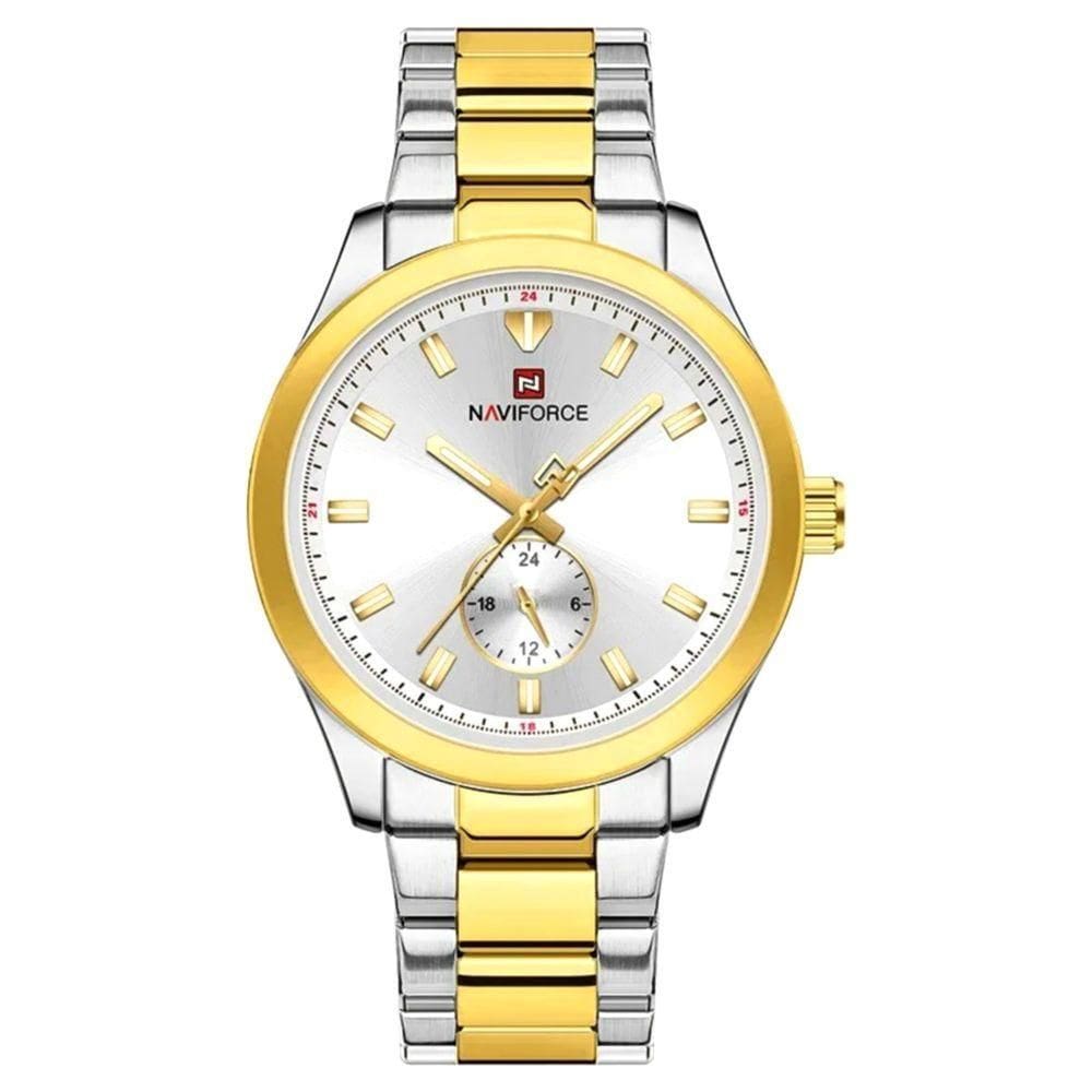 Relógio Masculino De Quartzo Esportivo Com Cronógrafo Em Aço Inoxidavel Impermeavel Branco Dourado
