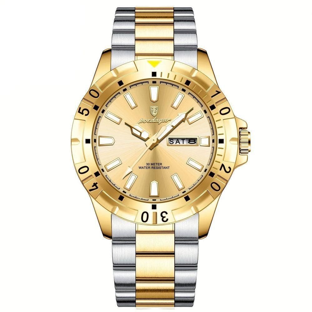 Relógio Masculino Impermeável Pulseira De Aço Inoxidável Movimento Quartzo Estilo Casual Dourado Prata