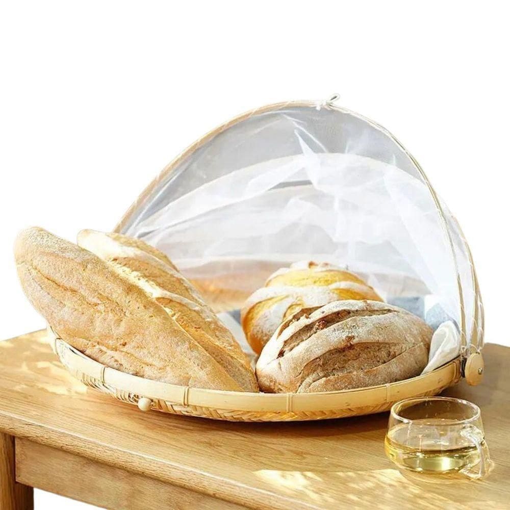 Cesto Porta Pão Bolo Frutas Cobertura Retrátil Redondo Bambu 30 Cm