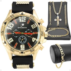 Relogio Masculino Banhado Ouro Aço + Crucifixo + Pulseira Prova Dagua Pallyjane Mostrador Preto