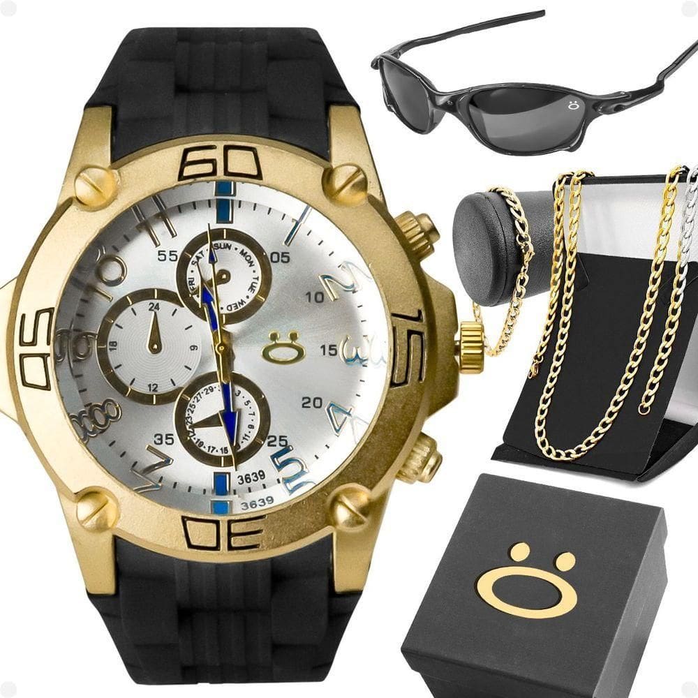 Relogio Masculino Aço + Cordao Pulseira + Oculos Sol + Caixa Qualidade Premium Banhado Dourado Preto