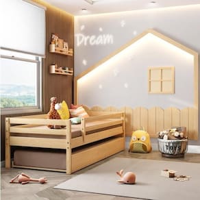 Conjunto Bicama Solteiro Infantil Prime com Grade de Proteção e Moldura em Led Dream Decor Casatema Natural