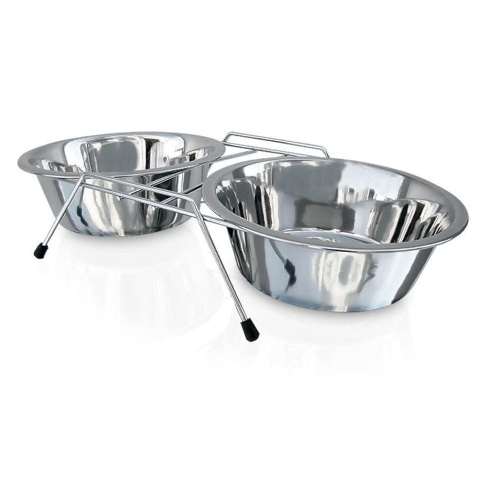 Comedouro Duplo Para Cães Gatos Inox Suspenso Pequeno 480Ml