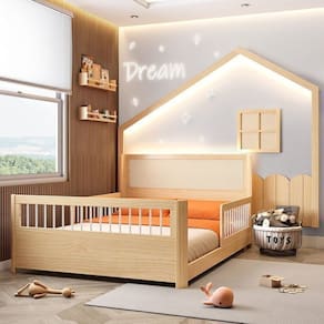 Conjunto Cama Casal Wave Montessoriana em Led ,grade de Proteção e Moldura Dream Decor Led Casatema Branco/ Natural