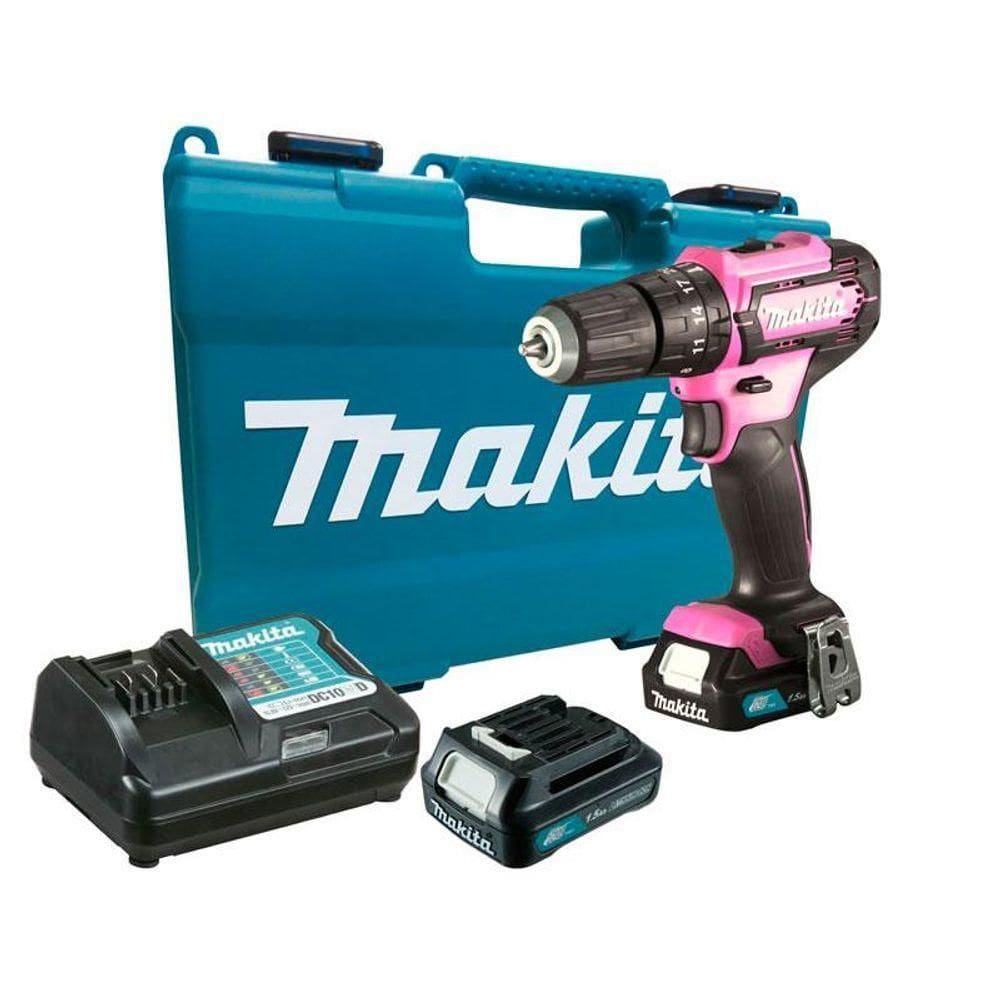 Parafusadeira Furadeira Impacto 12v Rosa 10mm Sem Fio 2 Baterias Carregador Maleta Hp333dwyep Makita