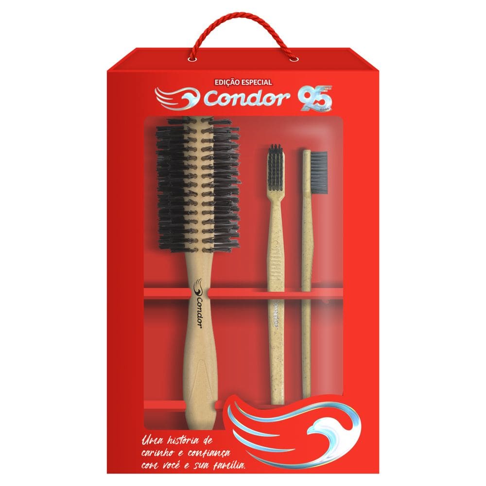 Kit 2 Escovas Dentais Macias + 1 Escova para Cabelo Condor Edição Especial 95 Anos