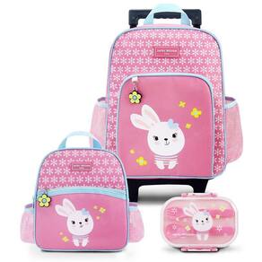 Conjunto Mochila Com Rodinhas E Lancheira Térmica Com Pote P/ Lanche Rosa