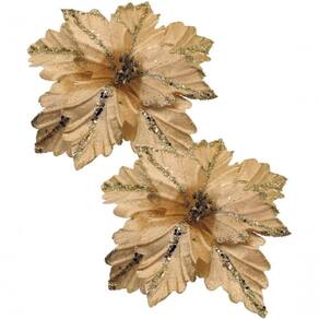 Kit 2 Flores Artificial Madeira Glitter Dourado Natal 25cm