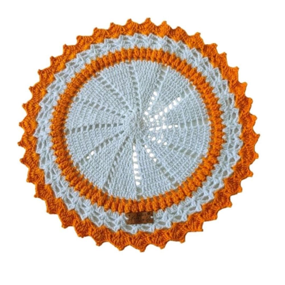 Kit Com 6 Sousplat Em Crochê Artesanal 34Cm Branco E Laranja