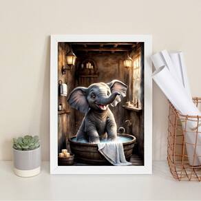 Quadro Banheiro Elefantinho Tomando Banho 33X24Cm - Vidro