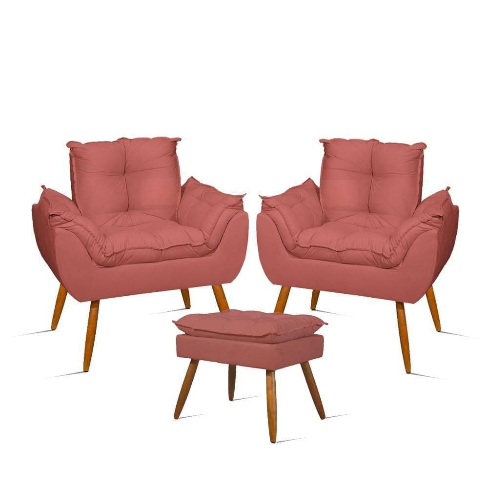 Kit 02 Poltronas Decorativas + 01 Puff Para Apoio Dos Pés Cor:rosa Rosa