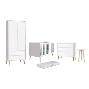 Dormitório Theo 2 Portas, Mesa De Canto Branco Com Pés Madeira Natural E Colchão D18 Reller Móveis Branco
