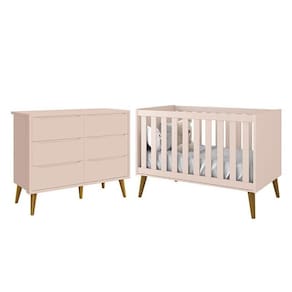 Jogo De Quarto Infantil Theo Cômoda 6 Gavetas E Berço Rosa Fosco Com Pés Amadeirado Reller Móveis Rosa Fosco