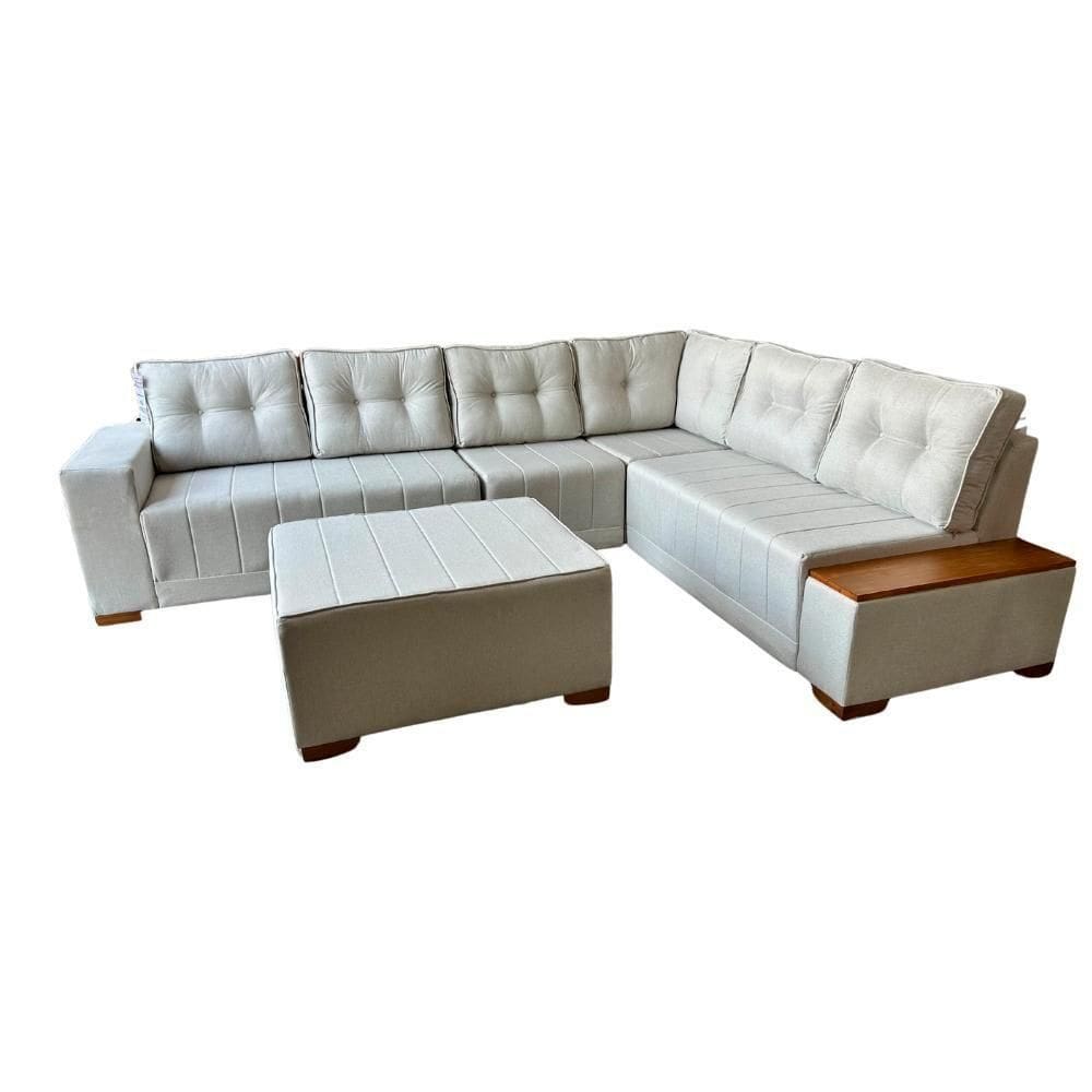 Sofá De Canto Malibu 3,20m X 2,40m Com Puff Linho Bege