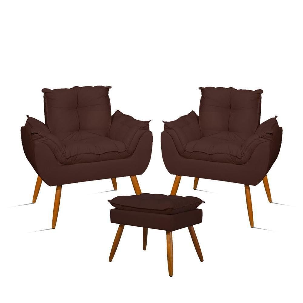 Kit 02 Poltronas Decorativas + 01 Puff Para Apoio Dos Pés Cor:marrom Marrom